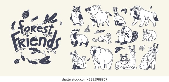 Cute forest animals, outlined set. Contoured wild wood beasts, childish characters. Black and white fox, owl, boar, wolf, lynx, deer, beaver and hare. Kids fauna. Isolated flat vector illustrations