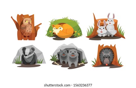 Cute Forest Animals Peepped Out From Their Burrows Vector Set