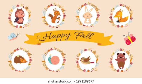 Cute forest animals. Animals portraits. Happy Fall ribbon. Butteflies. Vector illustration