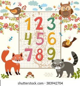 cute forest animals raccoon, fox, bird, owl and spring flowers. children's education.  color numbers on a sheet in a cage. blackboard.