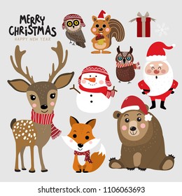 Cute forest animals and Santa Claus in Christmas holidays. Wildlife cartoon character vector set. Santa Claus, snowman, deer, bear, owl, fox and squirrel in winter costume.