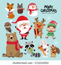 Cute forest animals and Santa Claus in Christmas holidays. Wildlife cartoon character vector set. Elf, snowman, deer, bear, owl, raccoon, rabbit, fox and squirrel in winter costume.