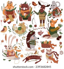 Cute forest animals in scarf and knitted sweaters are knitting and drinking tea, basket with threads. Cute mouse, fox, lazy cat, etc. Suitable for various creative projects. Vector