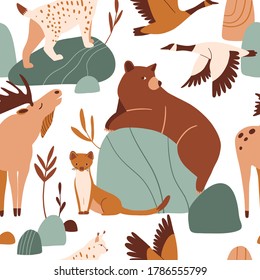 Cute forest animals seamless pattern. Funny bear, lynx, moose, marten, birds. Hand drawn cartoon characters and plants. Woodland texture for kids. Flat nature illustration. Wildlife vector