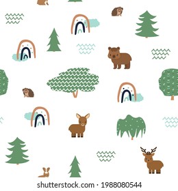 Patrón de animales de bosque sin costura con arcos de lluvia. El ciervo del oso alce el erizo de liebre. Ilustración del vector sobre fondo blanco