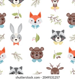 Cute forest animals seamless pattern on a white background. Vector illustration for textile, fabrics, nursery interiors