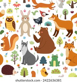 Cute forest animals seamless pattern. Woodland characters in cartoon style background for kids. Fox, bear, wolf, rabbit and others. Vector illustration