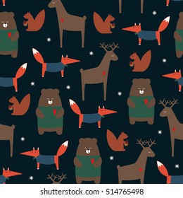 Cute forest animals seamless pattern on dark background. Deer, fox, bear, squirrel and snowflakes cartoon baby background. Design for fabric, textile, decor. Vector illustration for winter holidays.