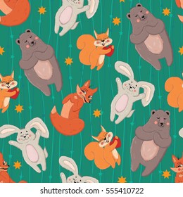 Cute forest animals seamless pattern with hare, fox, bear and squirrel. Can be used for pattern fills, web page backgrounds, surface textures. Great for children bedroom wallpaper. EPS 8