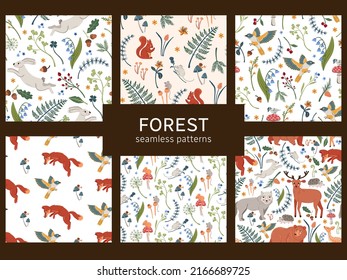 Cute forest animals seamless patterns collection. Woodland hand drawn vector backgrounds set of deer, bear, fox, hedgehog and birds.