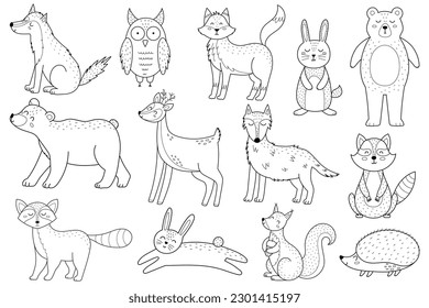 Cute forest animals set in black and white. Woodland characters outline collection with fox, bear, wolf, rabbit and others for coloring book. Vector illustration