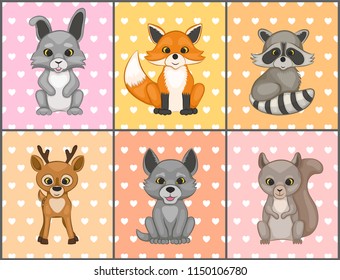 Cute forest animals. Set of cards. Vector illustration.