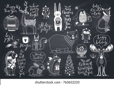 Cute forest animals set - chalkboard style.