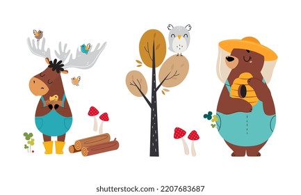 Cute forest animals set. Cute elk walking in forest, bear holding honeycomb cartoon vector illustration