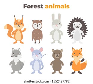 Cute forest animals set in flat style isolated on white background. Cartoon wild mouse, hedgehog, fox, hare, squirrel, owl, wolf, bear. - Shutterstock ID 1552427792