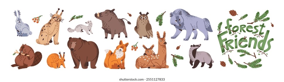 Cute forest animals set. Happy fauna of woodland nature with branches. Different wild friendly beasts- bear, deer, fox, owl, hare, squirrel. Flat isolated vector illustrations on white background