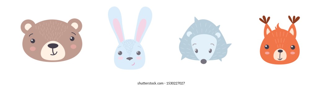 Cute forest animals set, icons vector isolated illustration