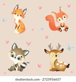 Animais de floresta bonito conjunto com Little Fox, esquilo, guaxinim e bebê cervo, Sweet Woodland Nursery Vetor Clipart com corações e borboletas