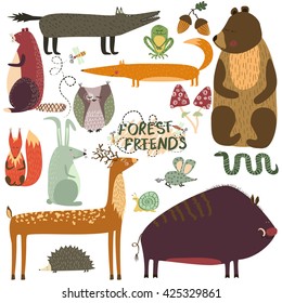 cute forest animals set wolf beaver rabbit bear squirrel fox owl deer boar snake frog hedgehog