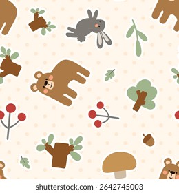 Cute forest animals with teddy bear and hare on a polka dot texture beige pastel background, hand drawn berries, mushrooms, trees, leaves seamless woodland pattern.