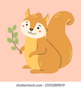 Cute forest animals theme featuring a smiling squirrel holding a branch.