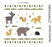 Cute forest animals vector illustration set with woodland characters and decorative elements. Perfect for kids design, nursery decor, prints, and children branding.