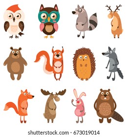 Cute forest animals. Vector illustration on white isolated background.