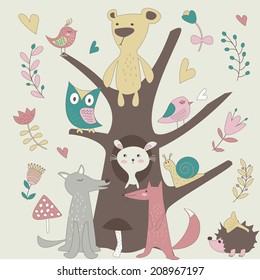 Cute forest animals in vector set. Bear, fox, wolf, snail, hedgehog, bunny and birds in cartoon style.