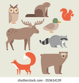 Cute forest animals vector set include bear, owl, fox, raccoon, elk, beaver, duck and squirrel.
forest animals icons set vector illustration.