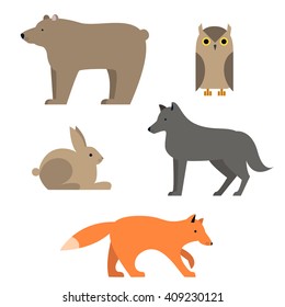 Cute forest animals vector set. Owl, fox, rabbit, wolf and bear. Forest animals icons set vector illustration. Isolated on background.