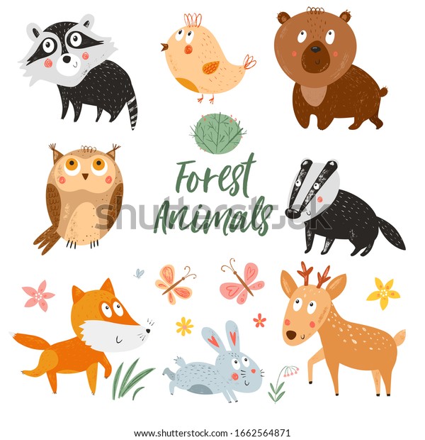 Cute Forest Animals Vector Woodland Background Stock Vector (royalty 