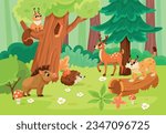 Cute Forest Animals in Wild Nature Among Green Tree and Bush Vector Illustration