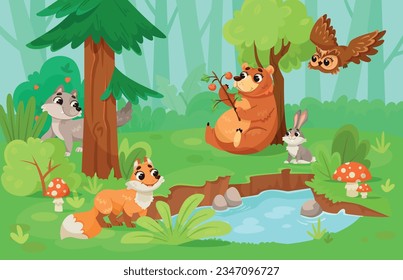 Cute Forest Animals in Wild Nature Among Green Tree and Bush Vector Illustration