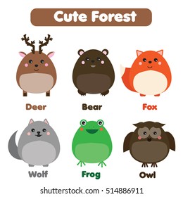 Cute forest animals wildlife set. Deer, fox, bear, wolf and other in children style, vector illustration. Stickers, educational illustrations, isolated design elements for kids books