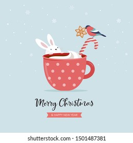 Cute Forest Animals, Winter And Christmas Scene With Hot Chocolate Mug, Bunny And Bullfinch. Perfect For Banner, Greeting Card, Apparel And Label Design. Vector Illustration