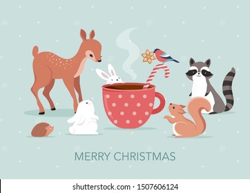 Cute forest animals, winter and Christmas scene with deer, bunny, raccoon, bear and squirrel. Perfect for banner, greeting card, apparel and label design. Vector illustration