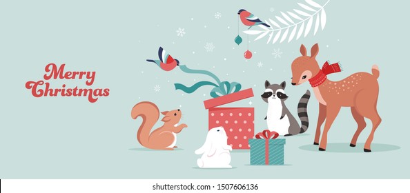 Cute forest animals, winter and Christmas scene with deer, bunny, raccoon, bear and squirrel. Perfect for banner, greeting card, apparel and label design. Vector illustration