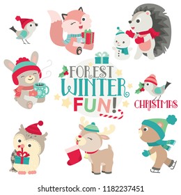 Cute Forest Animals in Winter Design Set Flat Vector Illustration Isolated on White
