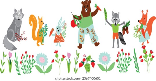 cute forest animals, cute wolf, squirrel, hare, bear, raccoon, fox, animals in clothes, flowers, berries, cartoon illustration, vector illustration, decoration for kindergarten, decoration, children's