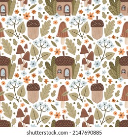 Cute forest background with acorns, mushrooms, forest flowers and herbs. Seamless vector pattern in cottage core style.