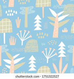 Cute forest background. Childish seamless pattern. Blue background. Great for fabric, textile, wrapping, wallpaper. Vector Illustration.