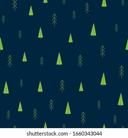 Cute forest background. Green trees on dark blue Vector hand drawn cartoon seamless pattern.