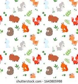 Cute forest background. Seamless pattern with little animals and leaves on white background. Illustration in flat style. Vector 8 EPS.