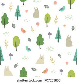 Cute forest background. Vector hand drawn cartoon seamless pattern. 