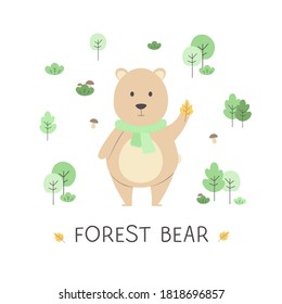 Cute forest bear
among trees, mushrooms, bushes and leaves with the name created for children's textiles