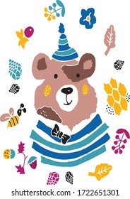 Cute forest bear in cartoon style. The idea of a print for children's clothing and baby supplies. Vector illustration.