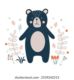 Cute Forest Bear Illustration, Woodland Animal Design with Leaves and Plants for Kids