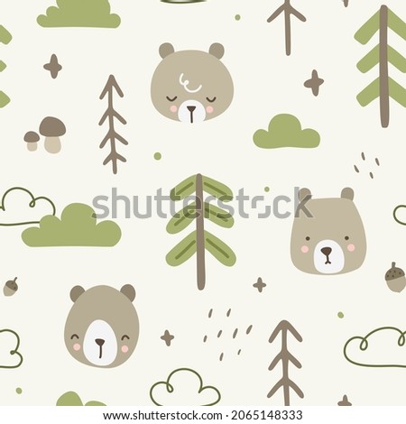 Cute forest bear scandinavian doodle pattern. Seamless texture for fabric, textile, wrapping, paper, stationery, nursery.
