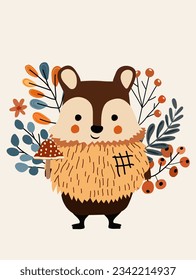 Cute forest bear with wild berries and leaves. Woodland animals. Perfect for web, banner, card, poster. Vector illustration.