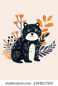 Cute forest bear with wild berries and leaves. Woodland animals. Perfect for web, banner, card, poster. Vector illustration.